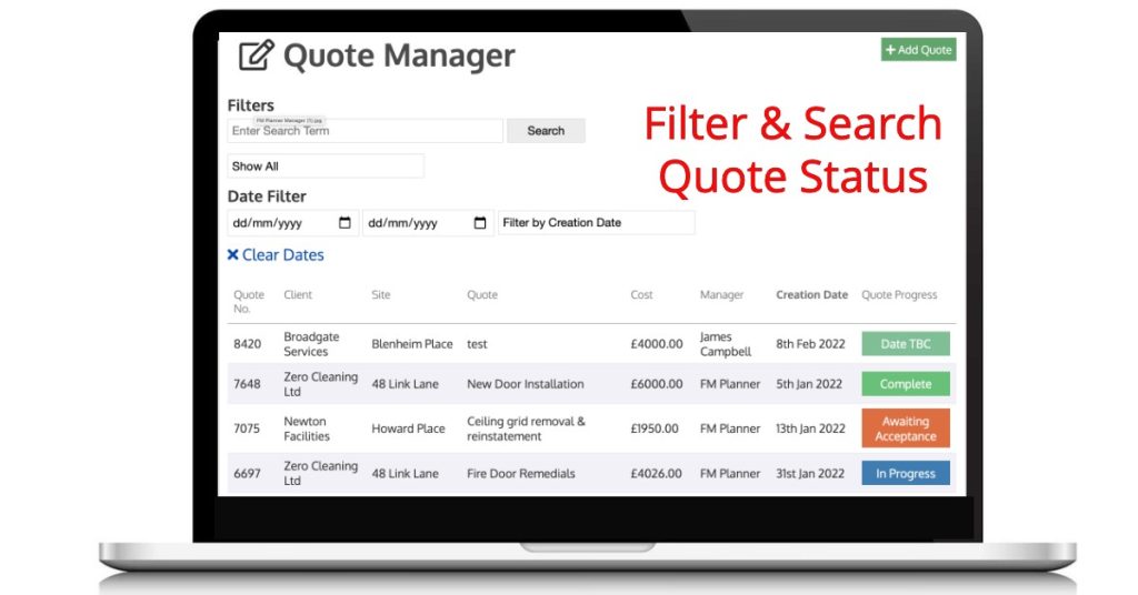 Quote Manager on the FM Planner System